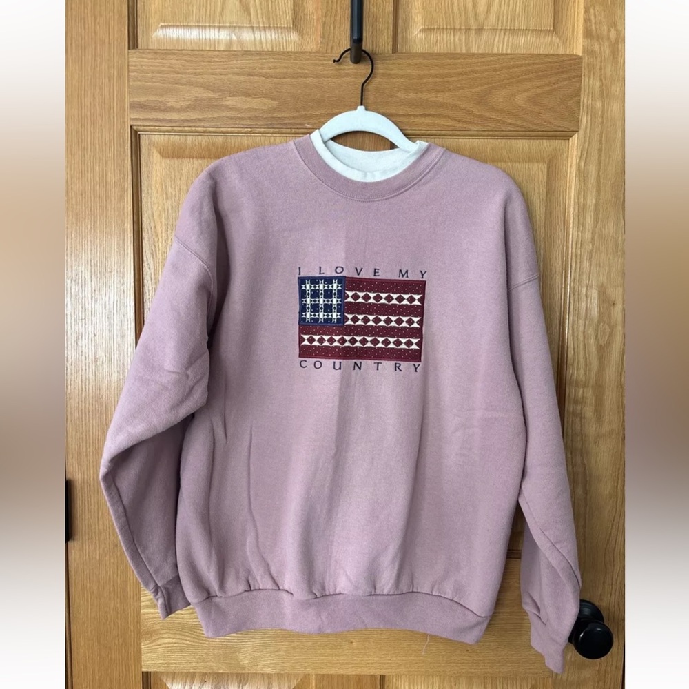 Vintage 90s Patriotic Crew Neck Sweatshirt America I Love My Country Flag Quilt